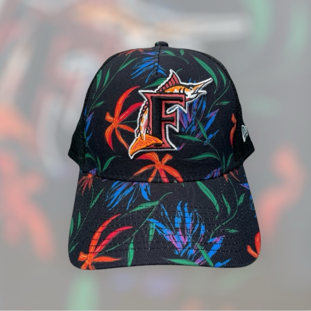 NWT New Era 9Forty Florida Marlins Black Floral Trucker Snapback Hat